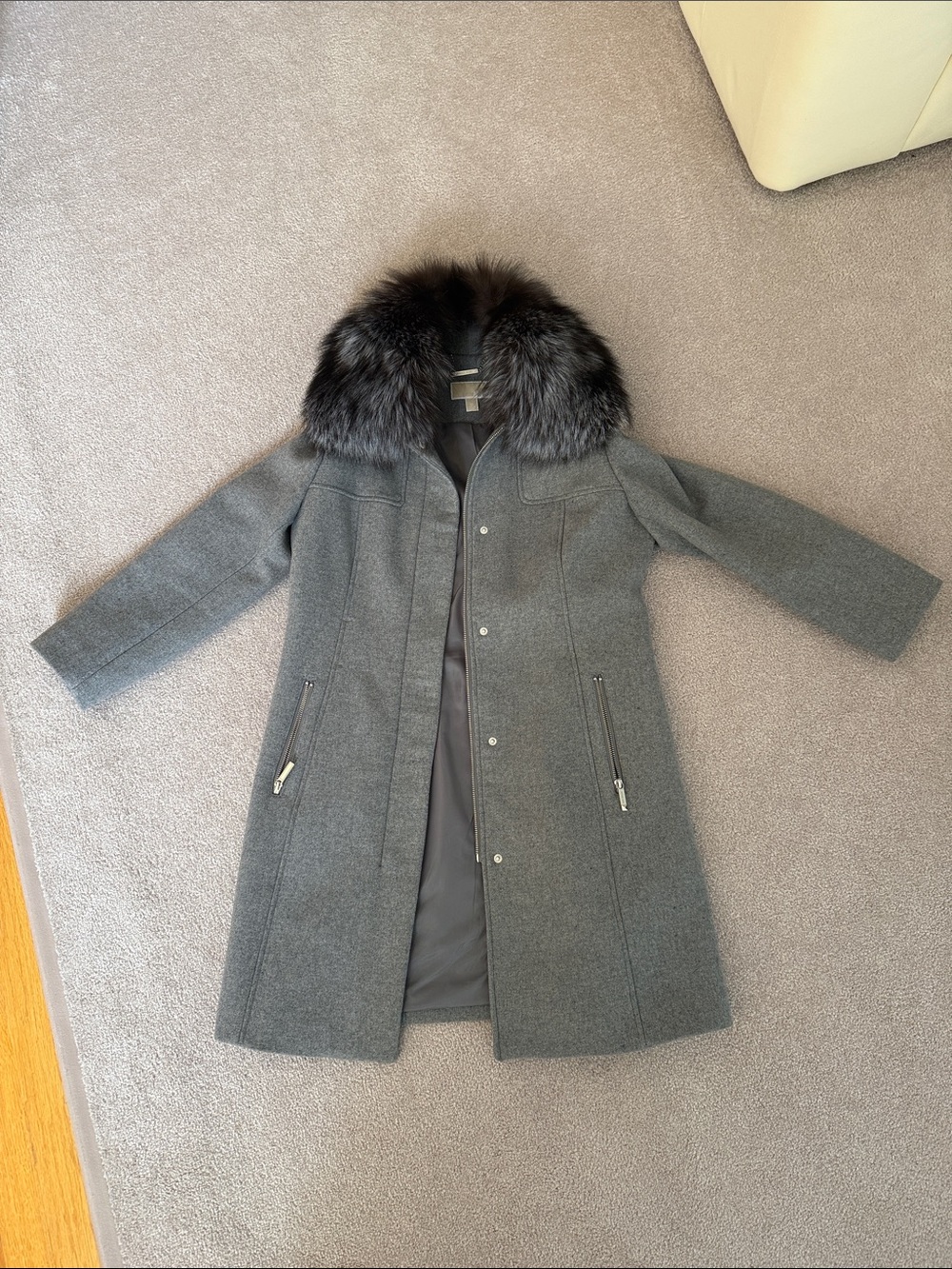 Michael Kors Gray Wool Coat with Silver Fox Fur Collar